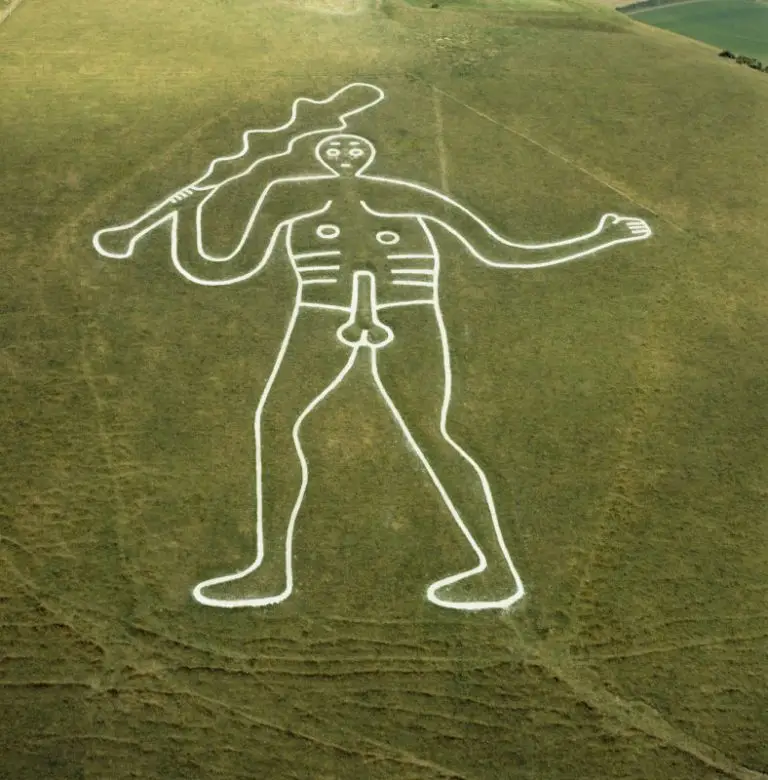The Romano-British Cerne Giant, thought to be Hercules, carved in chalk in the hillside at Cerne Abbas in Dorset.